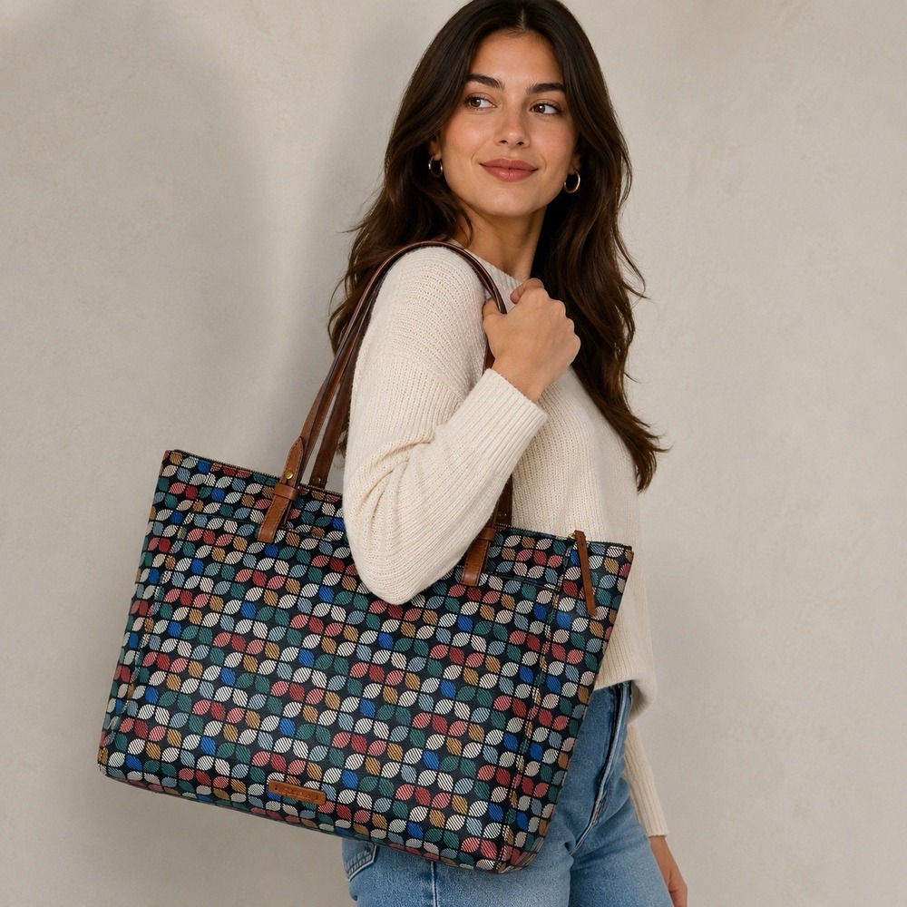Fossil Rachel Tote Satchel Handbag Geometric Print Leather Handles